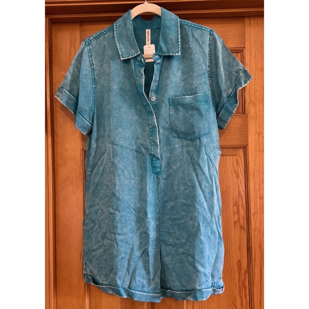 Zenana Mineral Washed Turquoise Romper Short Sleeves , Pockets Sz S